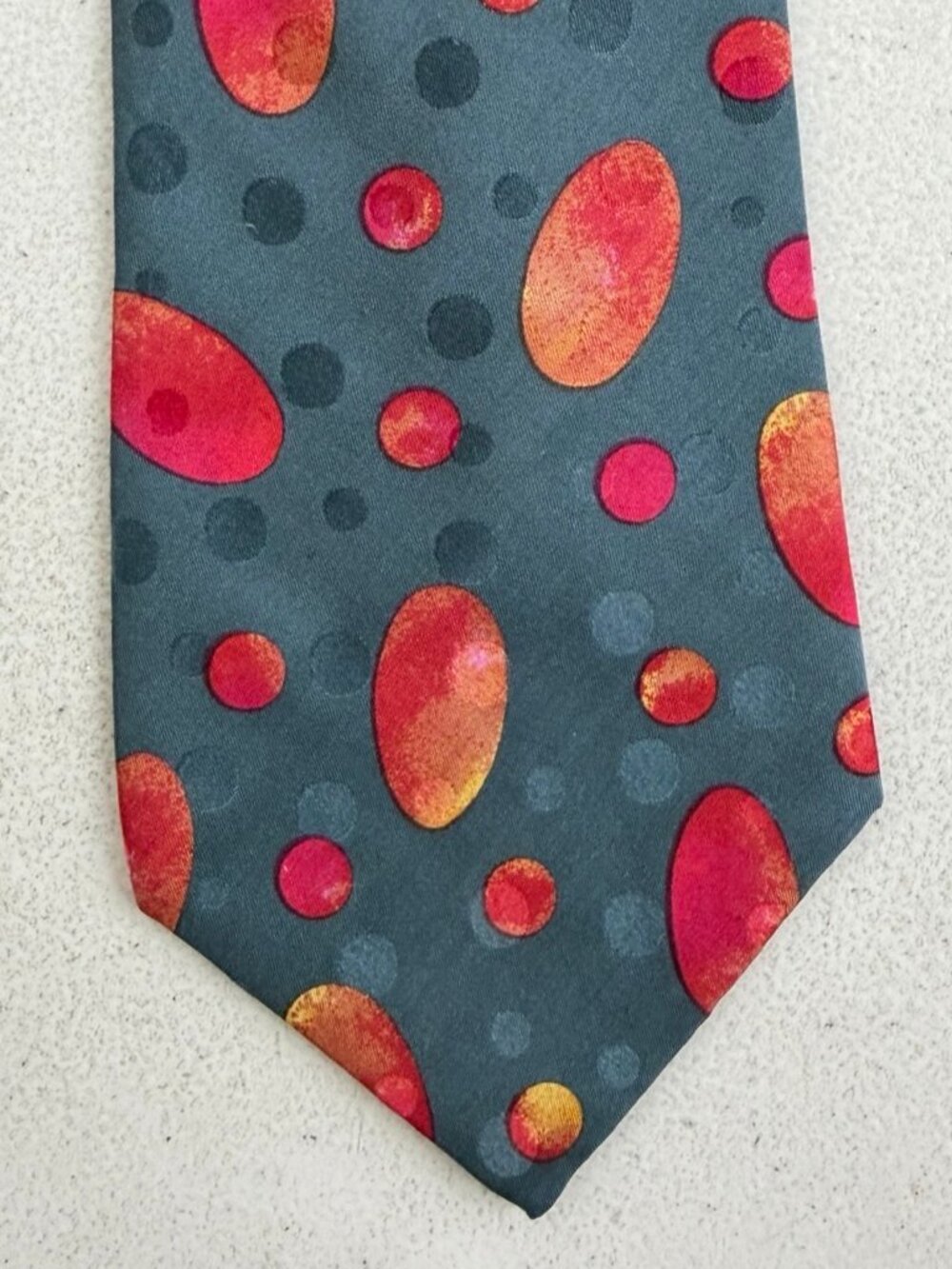 Vintage Oval Print Silk Tie with Embossed Polka Dots 90s Gray/Red Mens Necktie